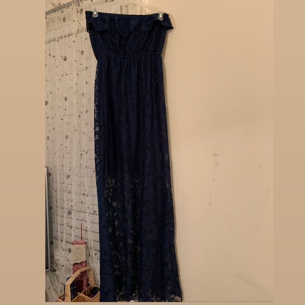 Long navy blue strap less dress. Lace.